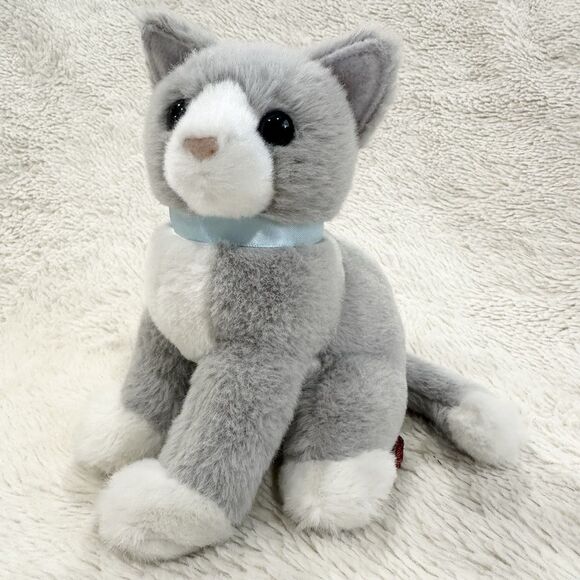 Douglas Cuddle Toys Mini Gray Cat Kitten Plush 6” Stuffed Animal Blue Ribbon - Picture 1 of 6